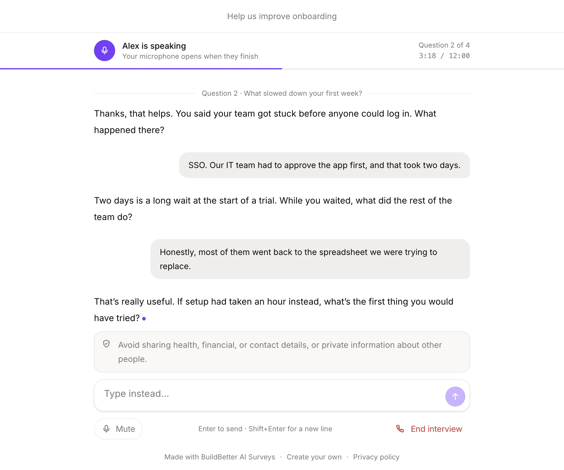 An audio interview in progress, with the interviewer's questions and the participant's answers as a transcript