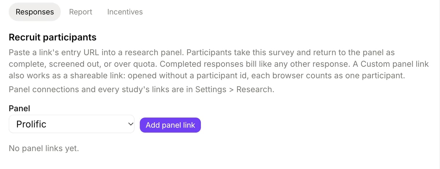 The Recruit panel on a study, with a choice of research panels
