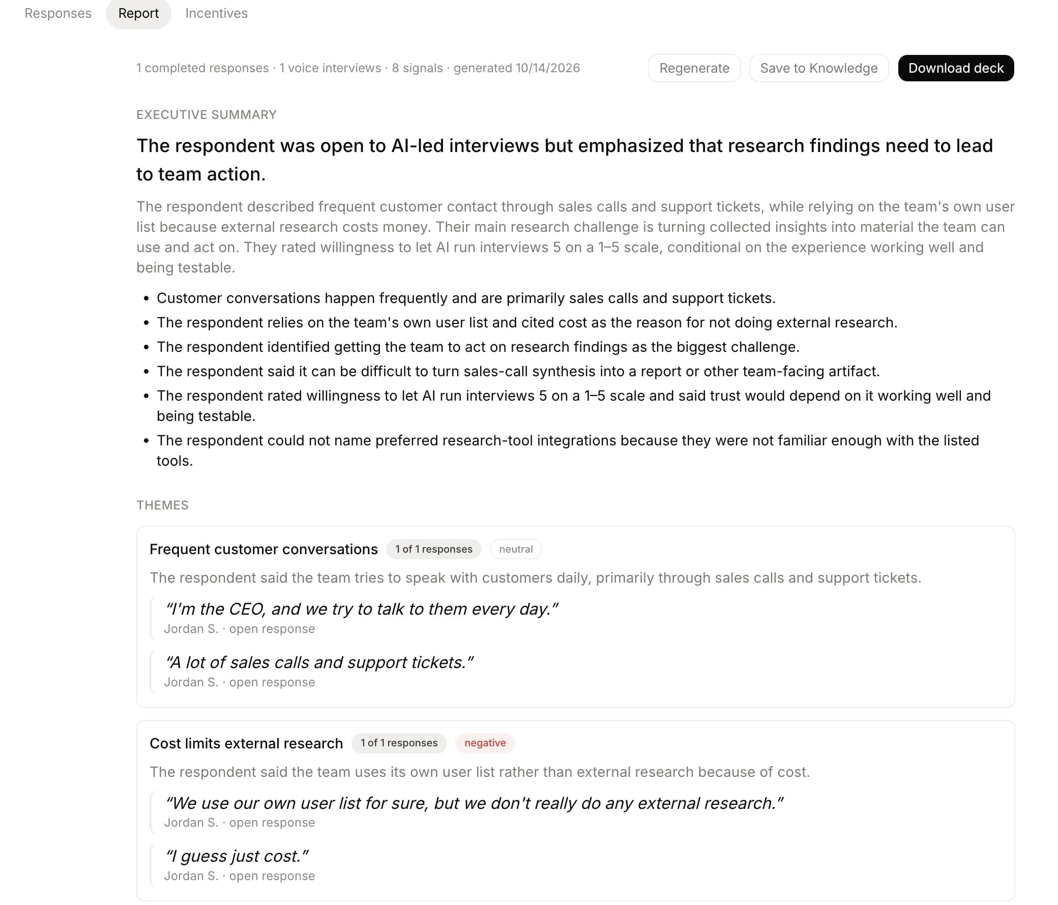 A study report with an executive summary and themes backed by participant quotes