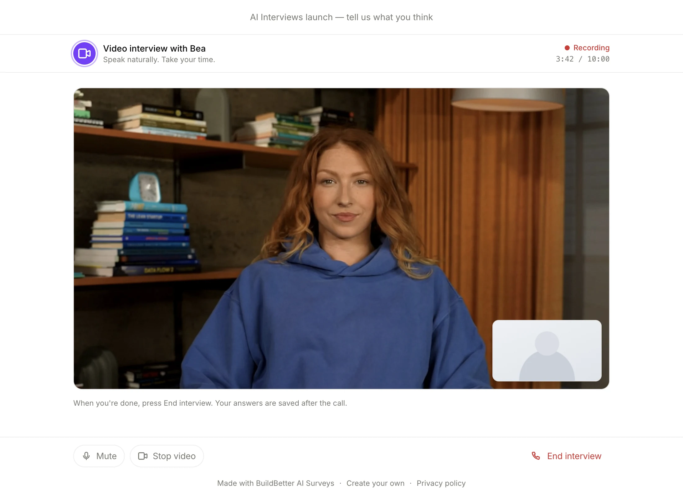 A live video interview with Bea, the AI interviewer, with the recording status, timer, and call controls
