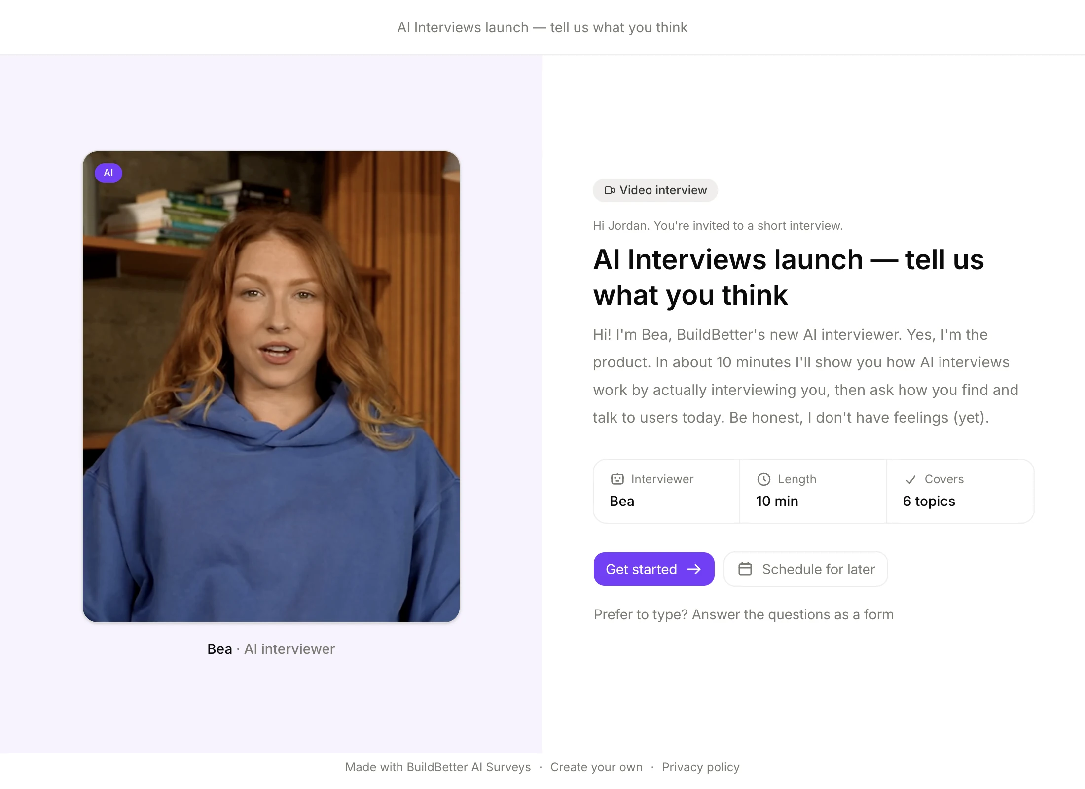The video interview invitation, with Bea's portrait, the interview length, and the topics it covers