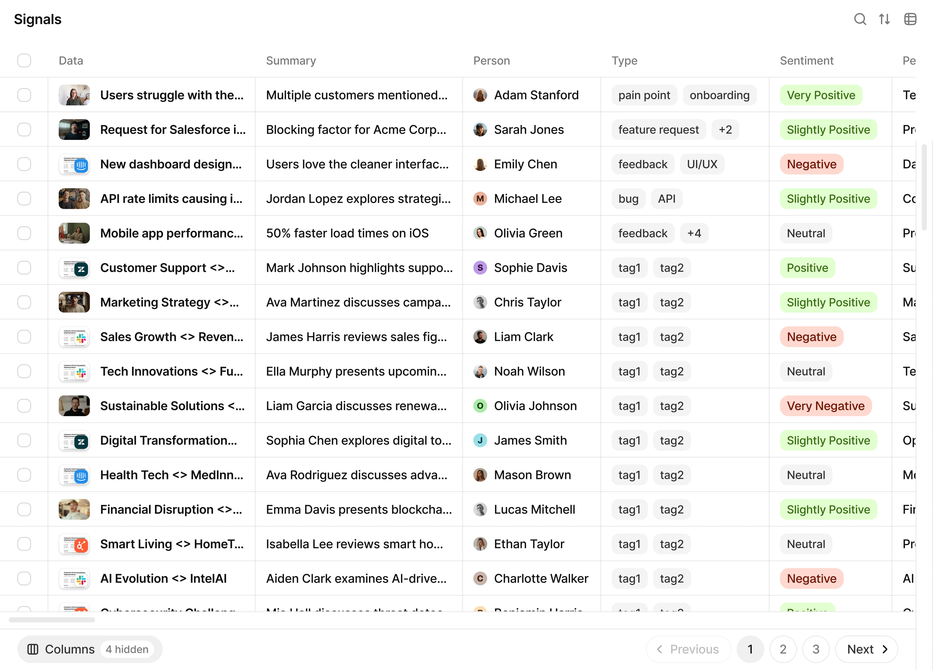 Signals table interface