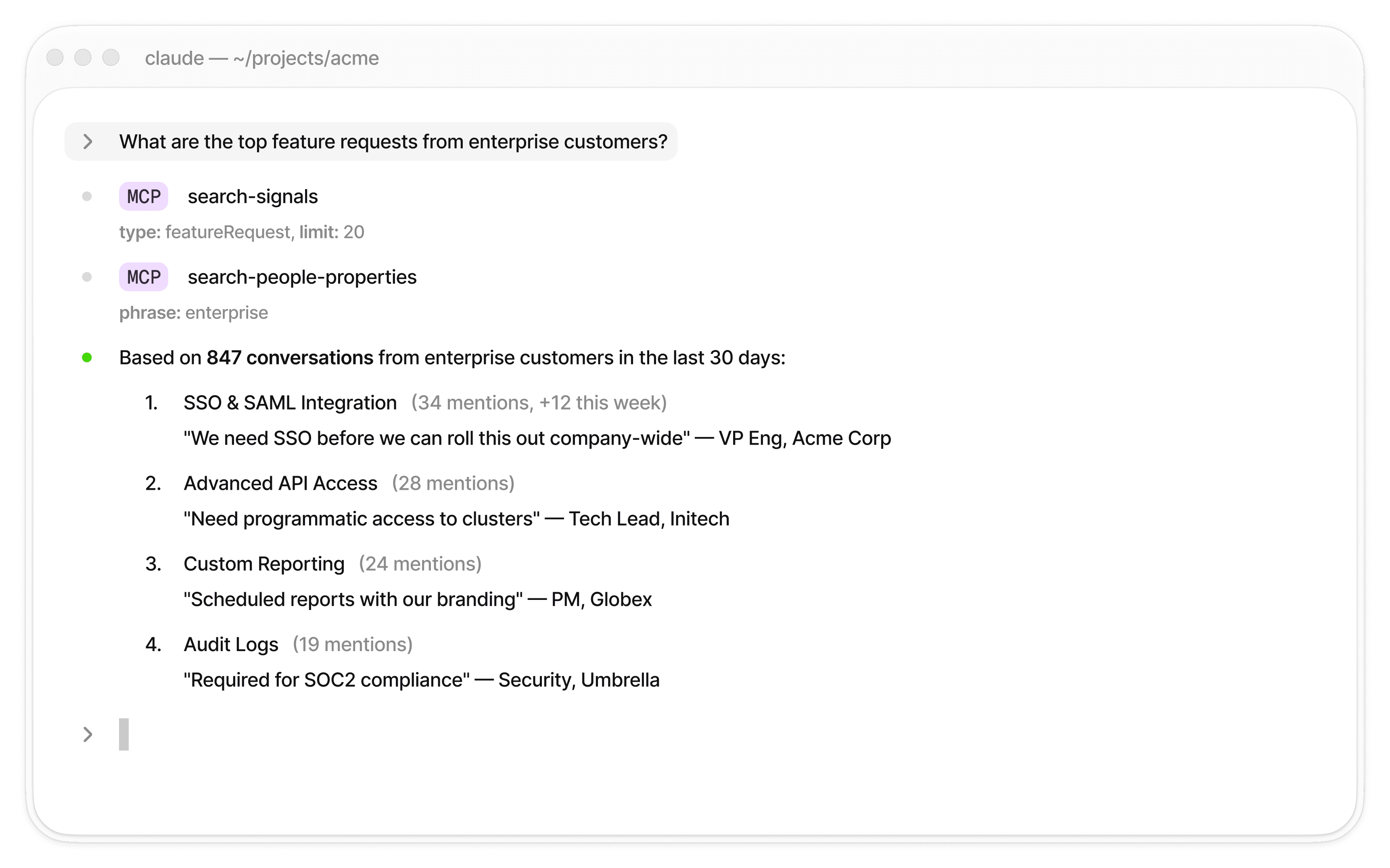 Claude Code with BuildBetter MCP example output