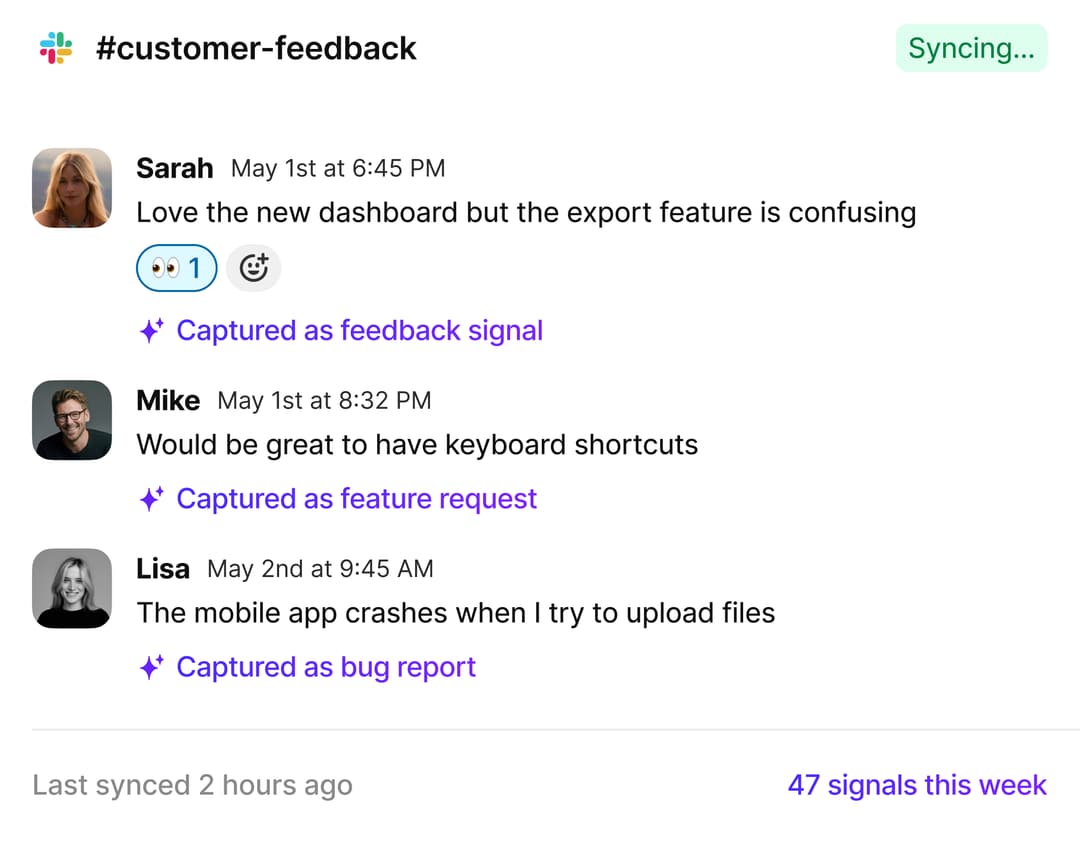 Example: #customer-feedback channel showing captured feedback signals