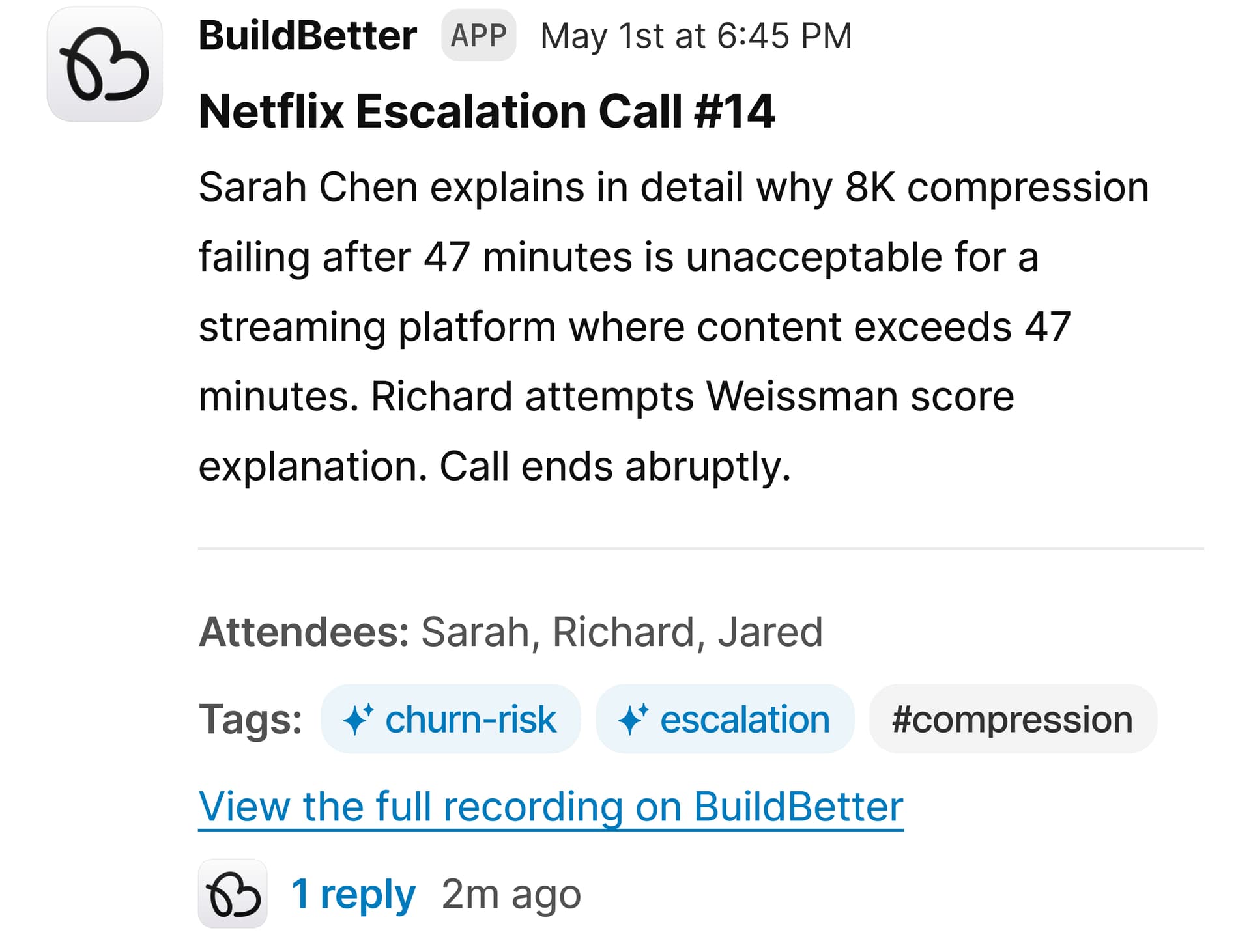 Example: Call summary message routed to #sales channel