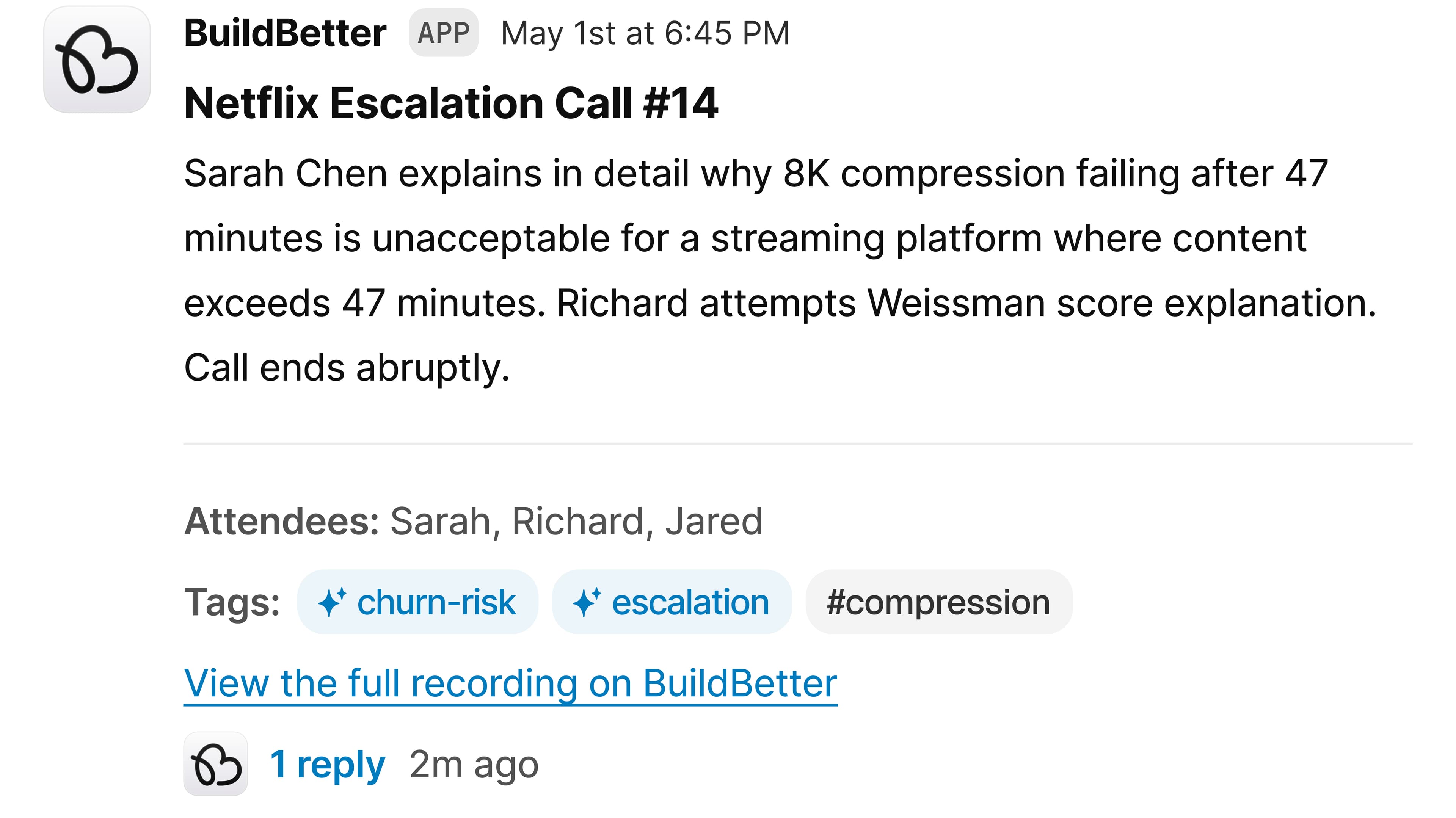 Example: Call summary message routed to #sales channel