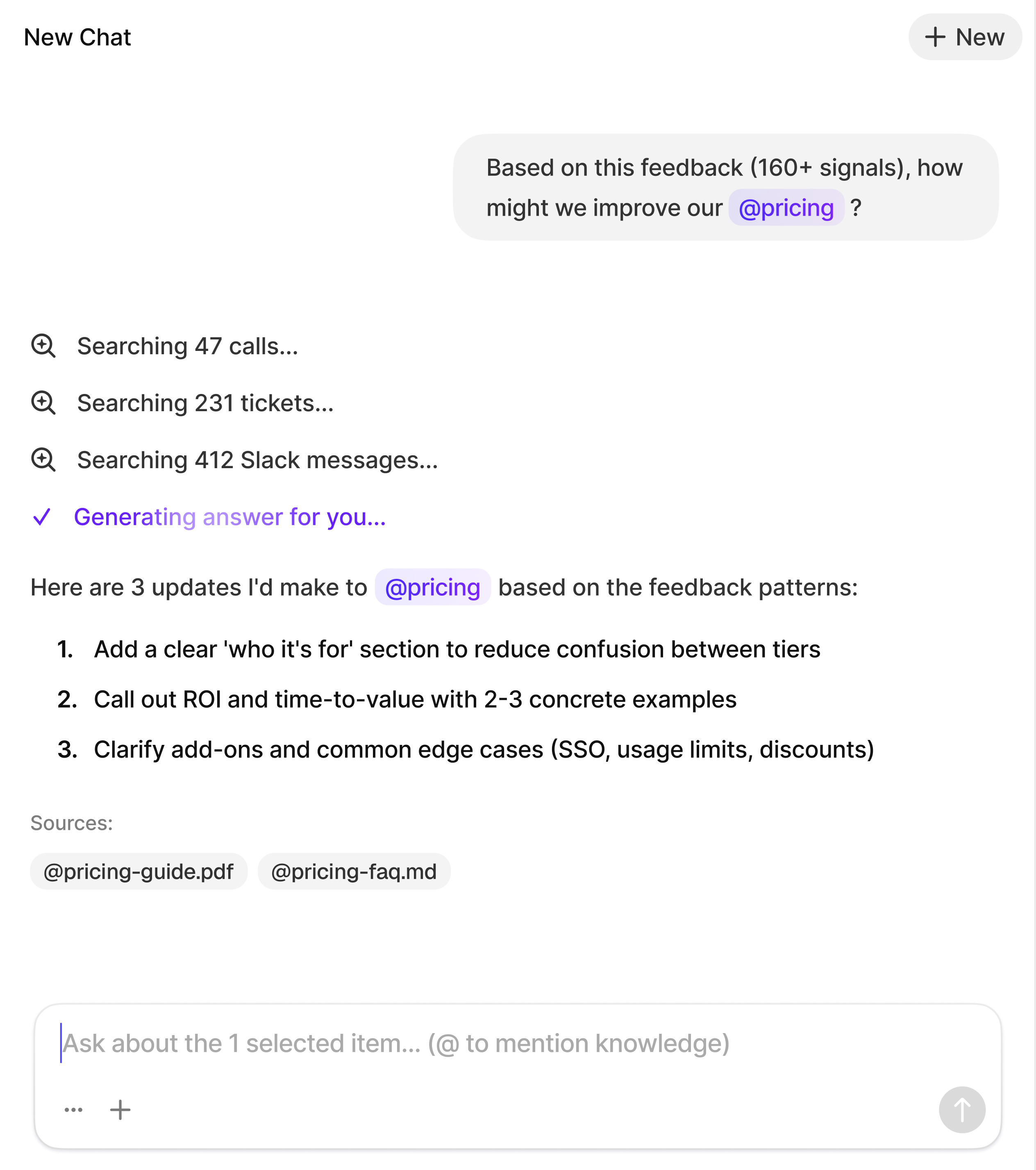 Chat using Knowledge with @pricing tags