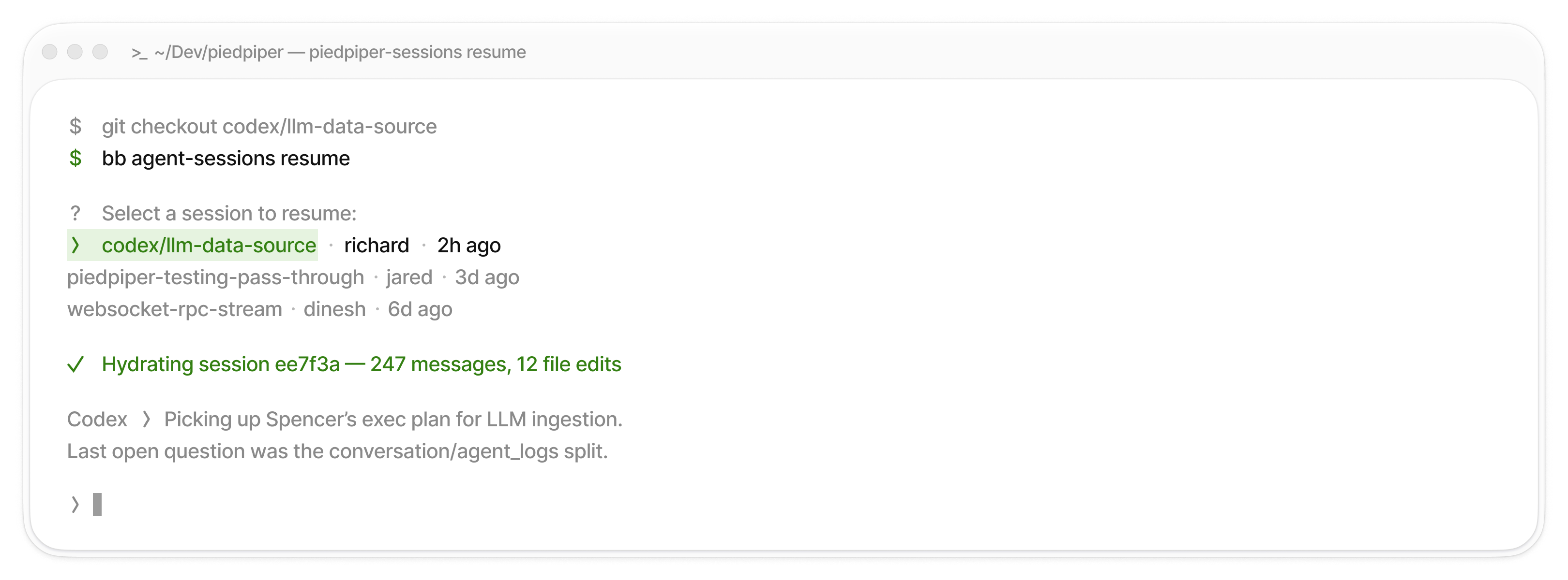 Terminal mockup showing BuildBetter CLI resuming a coding agent session