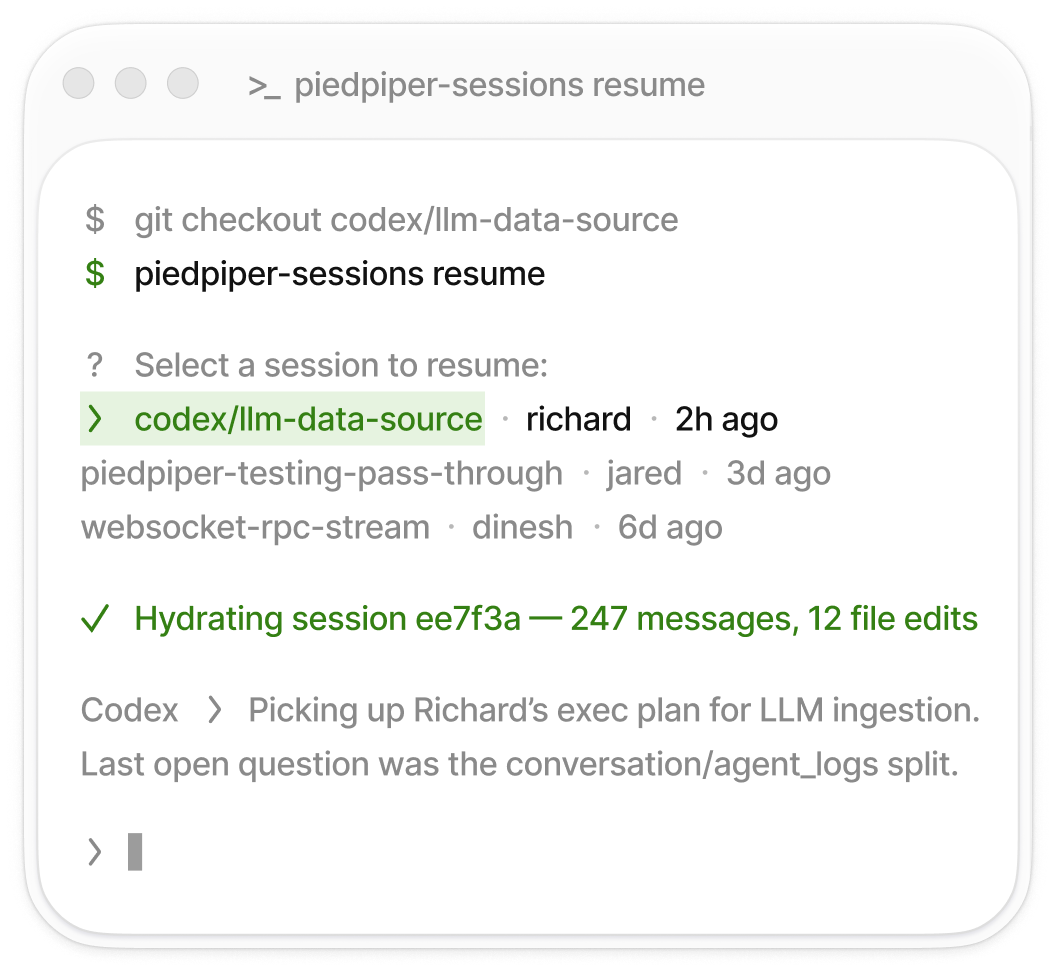 Terminal mockup showing BuildBetter CLI resuming a coding agent session