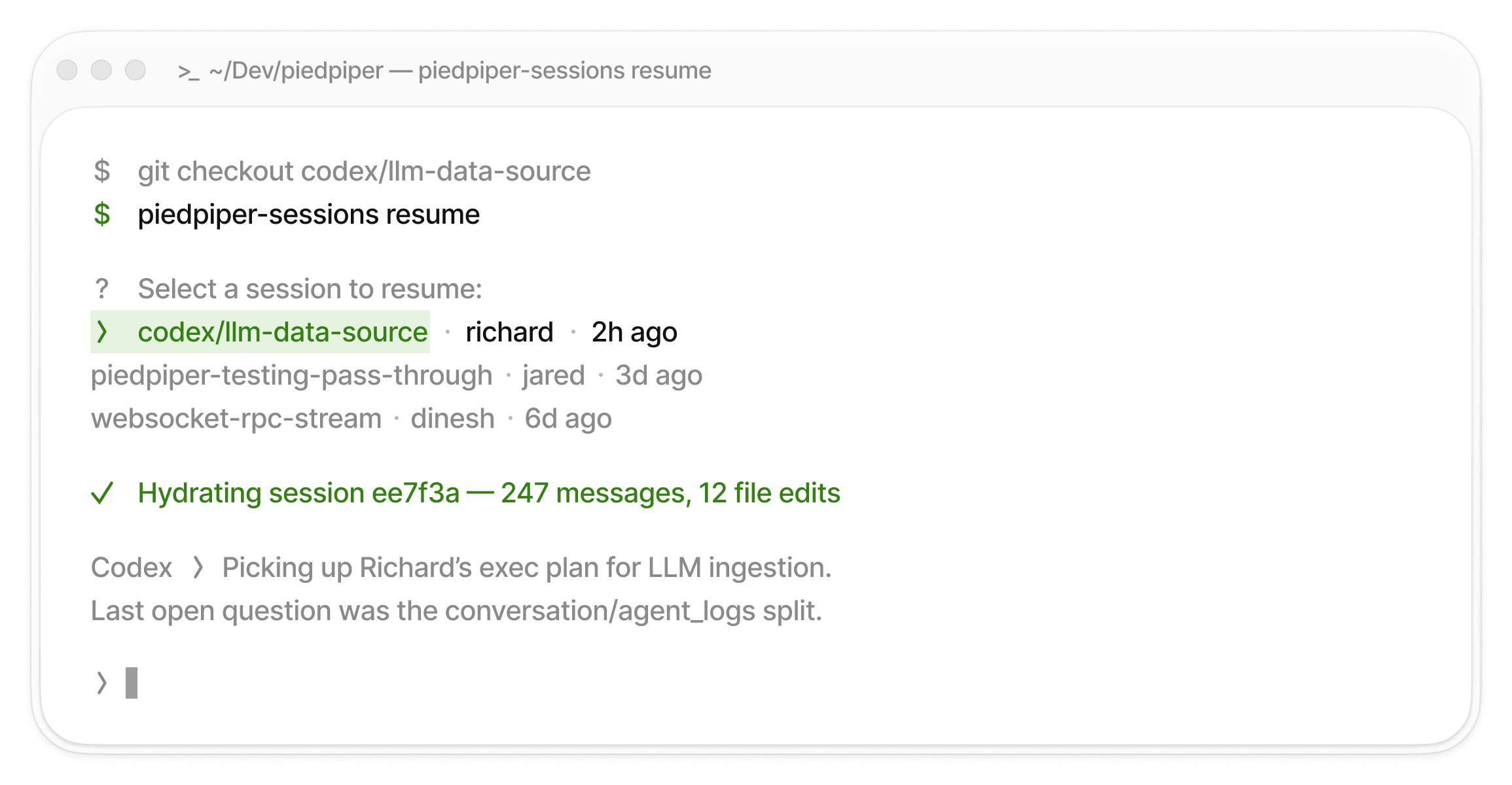 Terminal mockup showing BuildBetter CLI resuming a coding agent session