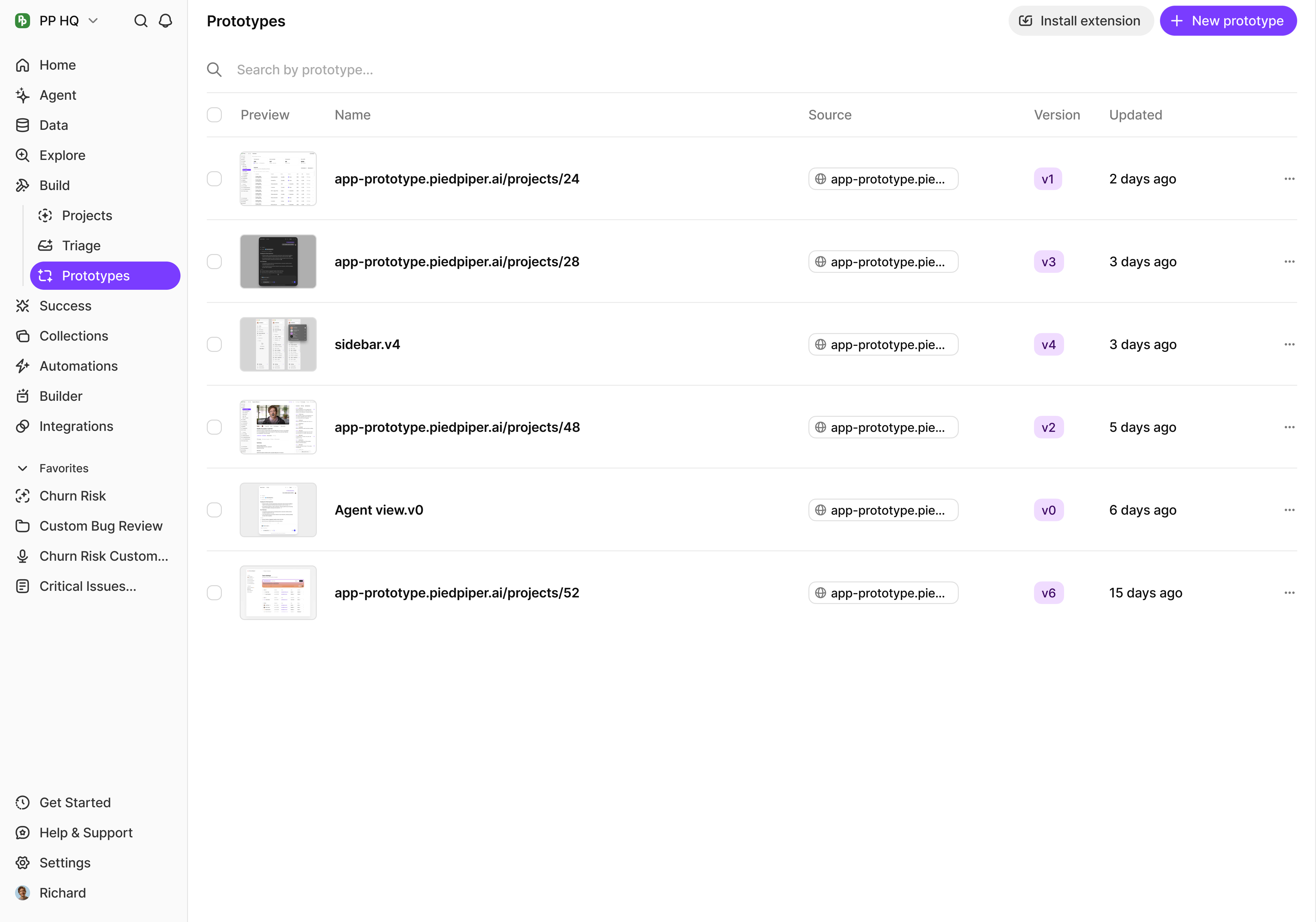 Prototypes dashboard listing captured pages with source, version, and updated timestamps