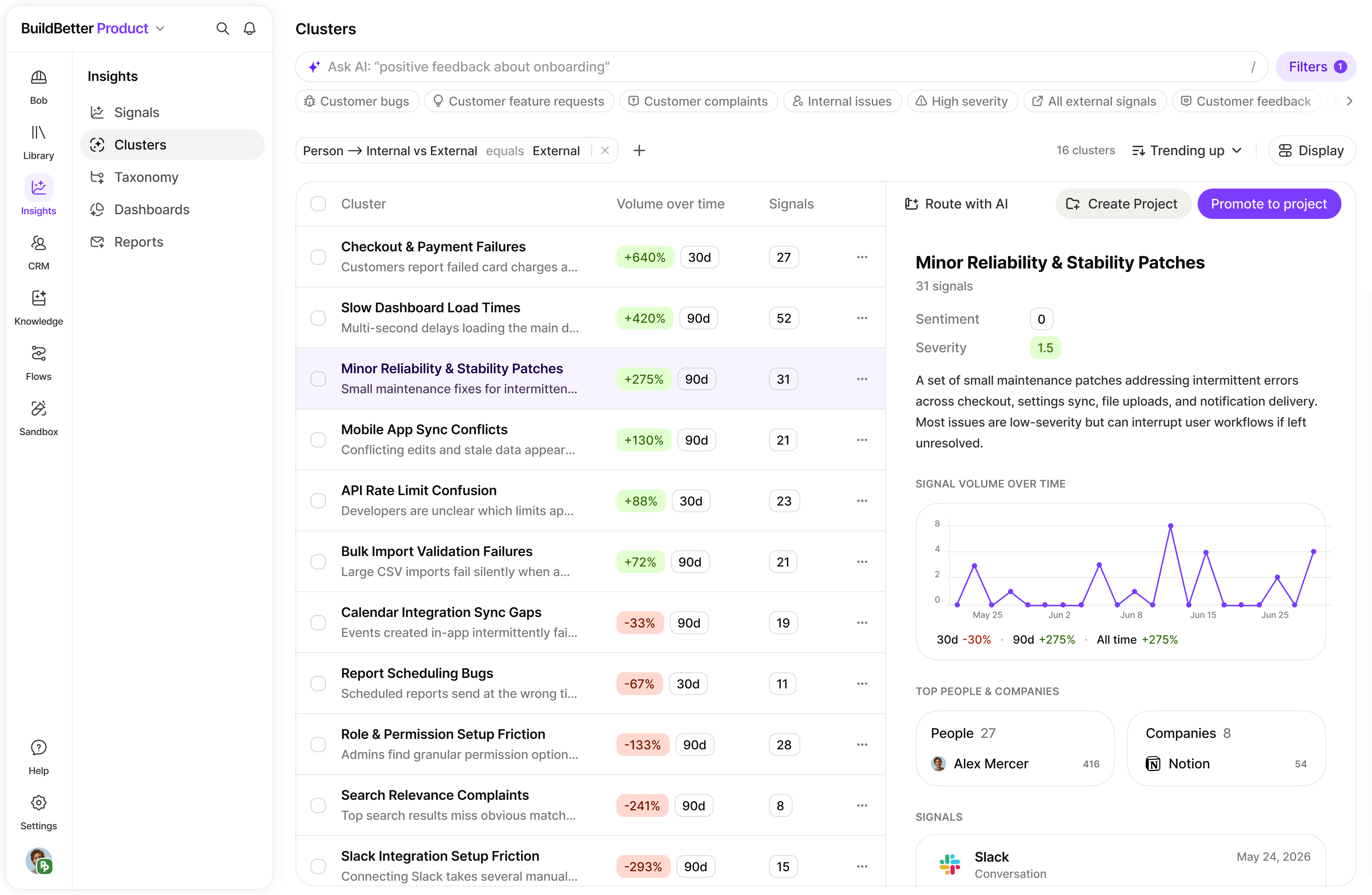 Clusters dashboard with metrics and signal themes